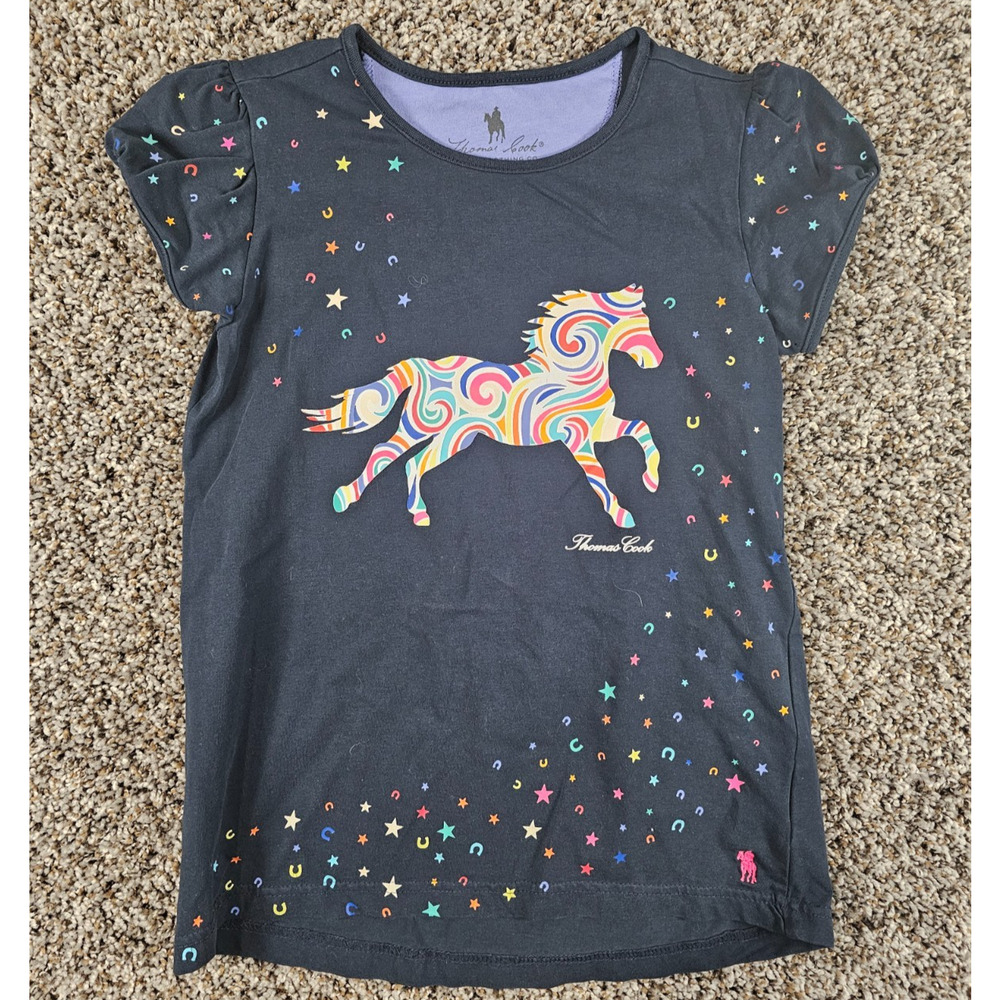 Thomas Cook Girls Sz 10 Short Sleeve T Shirt Rainbow Horse Print Cowboy Western